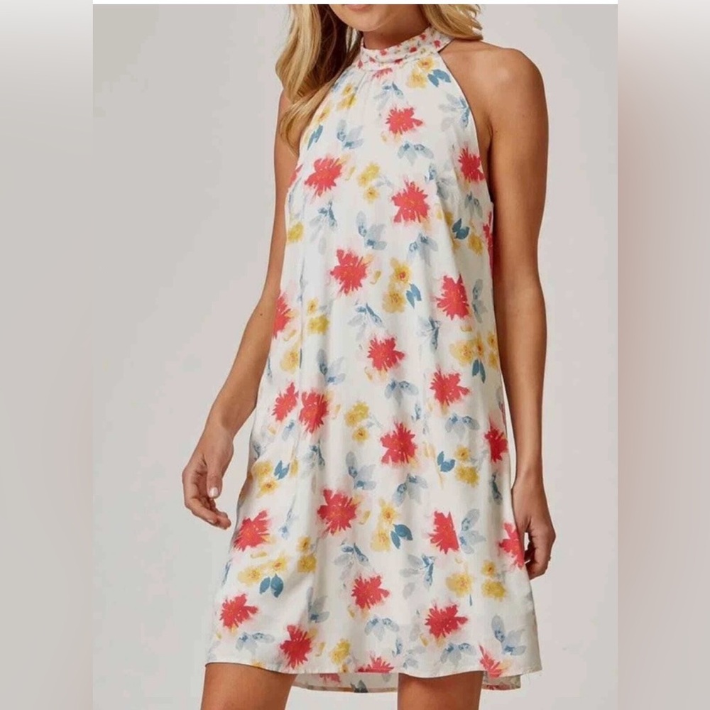 ANDREE BY UNIT high‎ neck tie back dress floral printed lined
